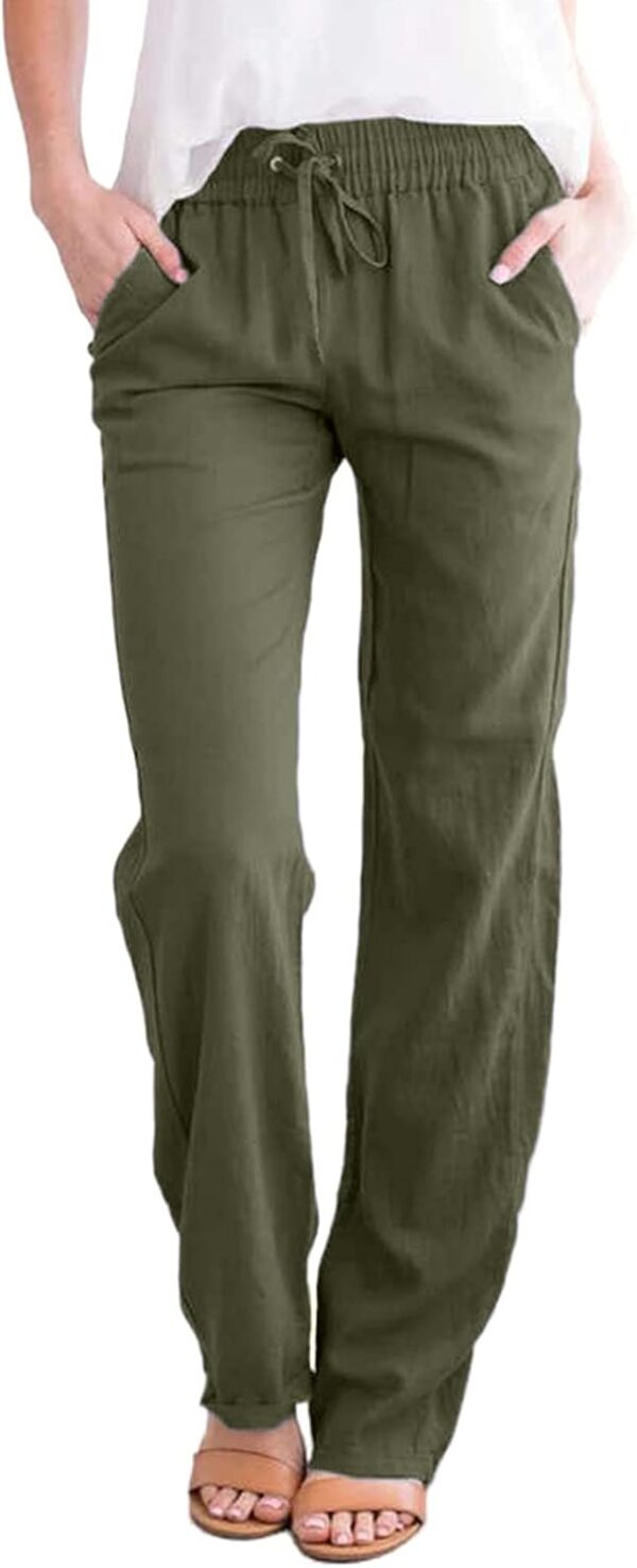 Women's Casual Linen Pants Straight Leg Drawstring Elastic High Waist Loose Comfy Trousers with Pockets