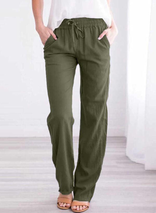 Women's Casual Linen Pants Straight Leg Drawstring Elastic High Waist Loose Comfy Trousers with Pockets