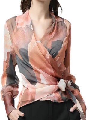 Women's Long  Chiffon Shirt  Printed over Top Thin V-Neck Shirt