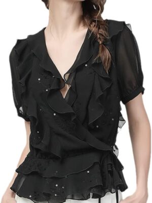 Women's Summer Sequined 3D Ruffles Black Chiffon Shirt Sexy Deep V-Neck Short  Shirts