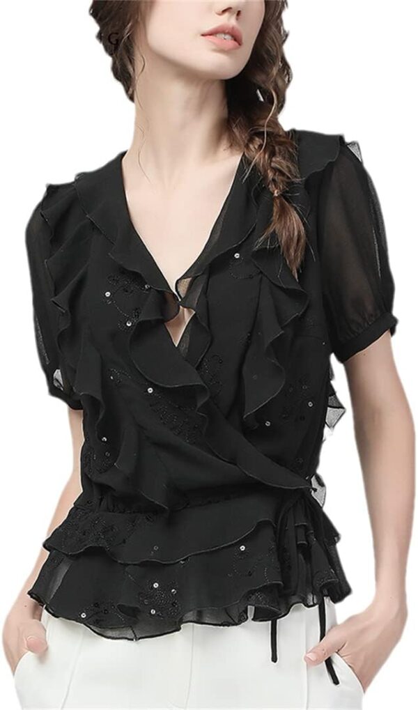 Women's Summer Sequined 3D Ruffles Black Chiffon Shirt Sexy Deep V-Neck Short  Shirts