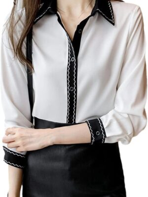 Women's Turn-Down Collar Shirts Office Long  Chiffon Shirt Blouses Casual Tops