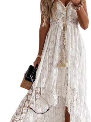 Women's Maxi Dress Lace Dresses Boho Tassel V-Neck Flare Ruffle Adjustable Straps Beach Summer Long Dress