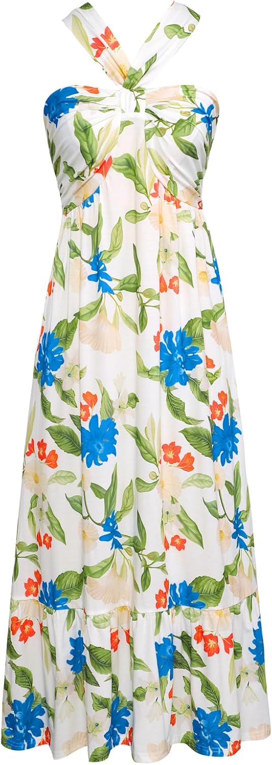 2024 Women's Criss Cross Halterneck Sleeveless Summer Floral Print Flowy A Line Maxi Dress
