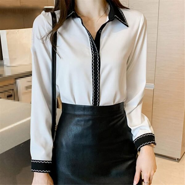 Women's Turn-Down Collar Shirts Office Long  Chiffon Shirt Blouses Casual Tops