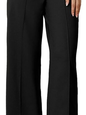 Women's Straight Leg Cropped Work Pants Elastic High Waist Wide Leg Business Casual Slacks with Pocket