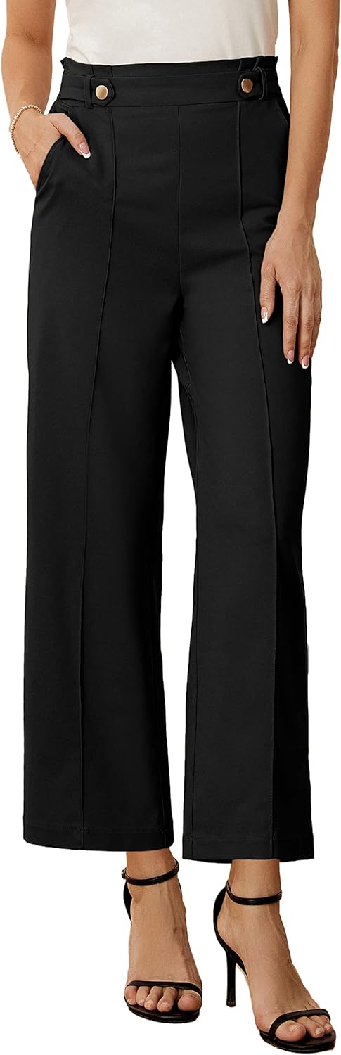 Women's Straight Leg Cropped Work Pants Elastic High Waist Wide Leg Business Casual Slacks with Pocket