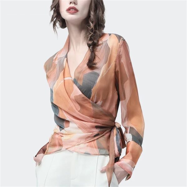 Women's Long  Chiffon Shirt  Printed over Top Thin V-Neck Shirt