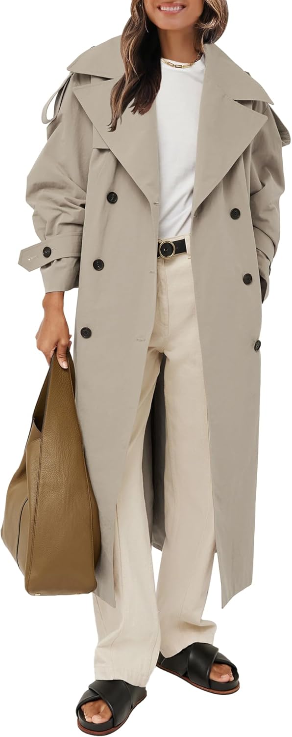 Women's Oversized Long Trench Coat Double Breasted Lapel Windproof Overcoat with Belt