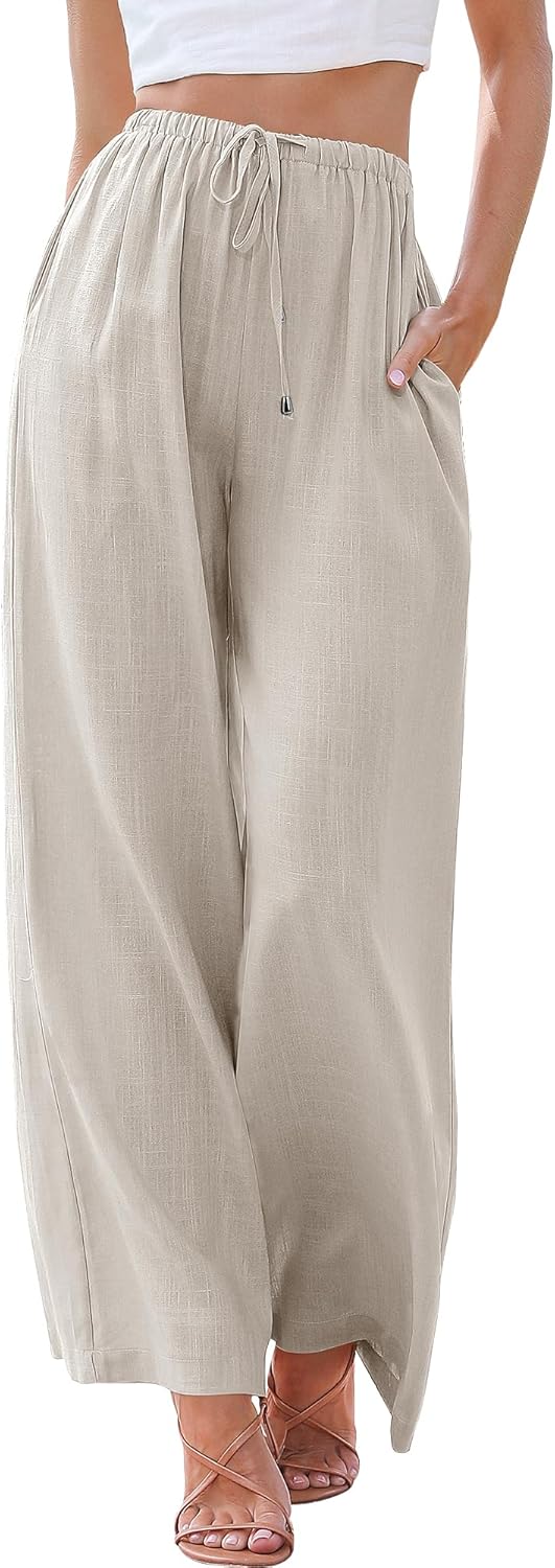 Women's Linen Summer Palazzo Pants Elastic Waist Casual Beach Trendy Wide Leg Trousers with Pockets