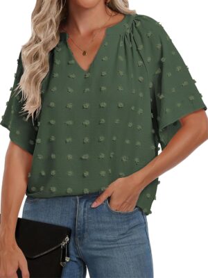 Women's White Chiffon Blouses Short V Neck Shirts Summer Casual Polka Dot Tops