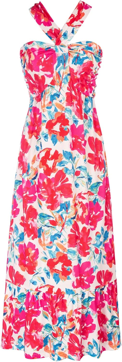 2024 Women's Criss Cross Halterneck Sleeveless Summer Floral Print Flowy A Line Maxi Dress