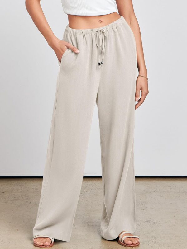 Women's Linen Summer Palazzo Pants Elastic Waist Casual Beach Trendy Wide Leg Trousers with Pockets