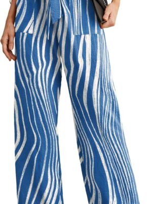 Women's Wide Leg Pants with Pockets High Waist Adjustable Knot Loose Casual Trousers Business Work Casual Pants